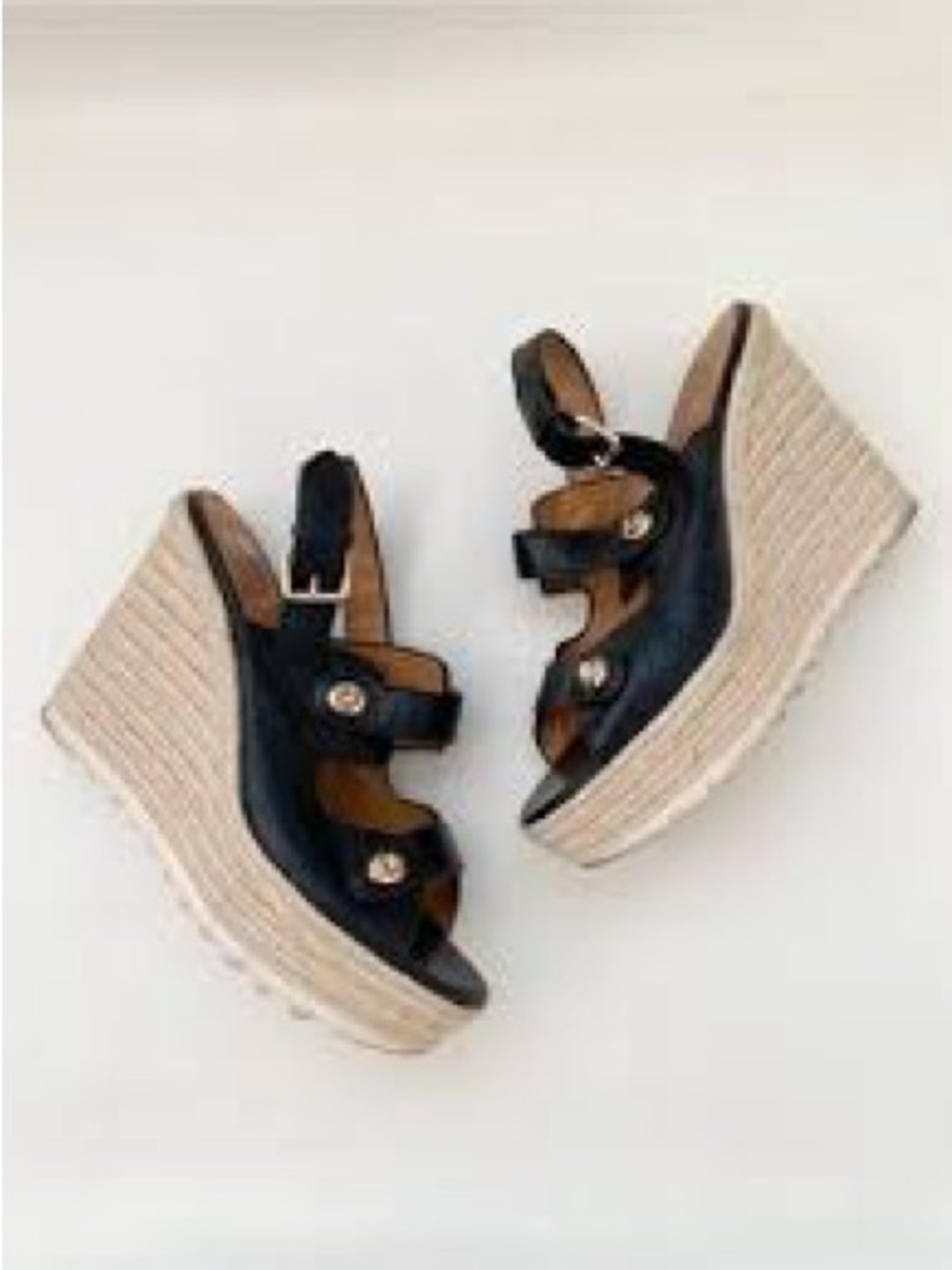 Coach Black Leather “Electra” Espadrille Wedge Sandals with Gold Accents